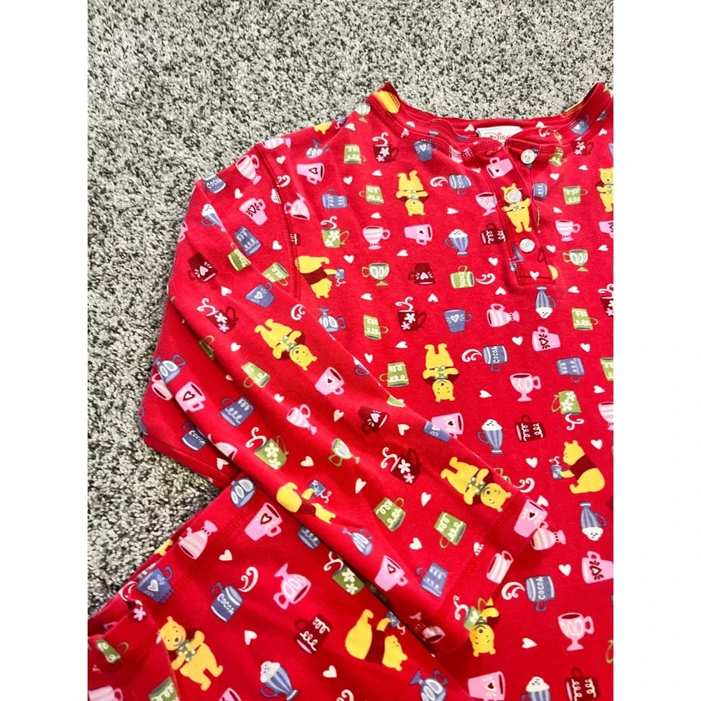 Disney Store Winnie the Pooh Vintage Pajama Set Red XS S Cocoa Cups Bears Sleep - Picture 5 of 9